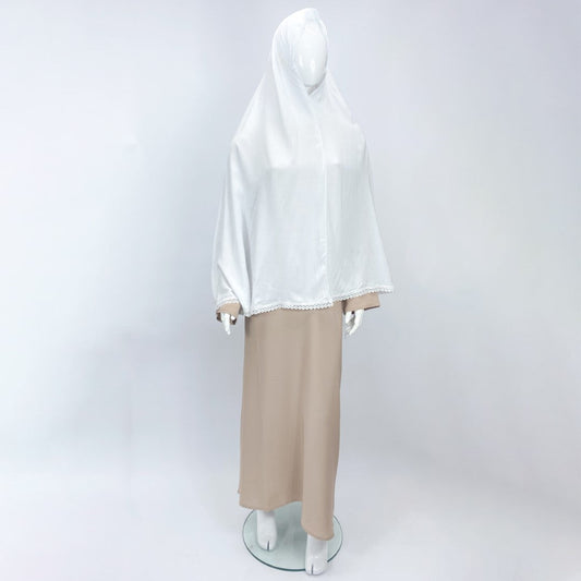 100% White Cotton Prayer Hijab With Lace-almanaar Islamic Store