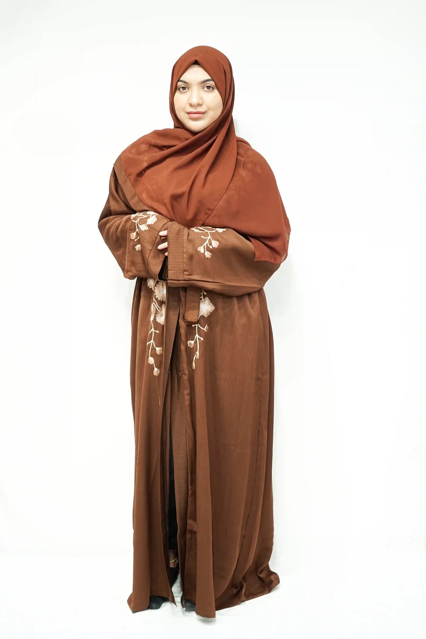 Open Jhoom Abaya with Belt and Sleeves Embroidery Brown