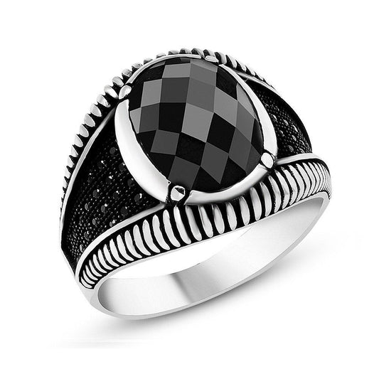 Men's Silver Ring (Zircon Stone Engraved Black Round Onyx Stone)-almanaar Islamic Store