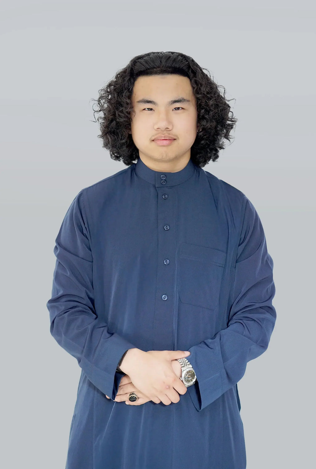 Plain Classic Saudi Thobe With Collar Navy - almanaar Islamic Store