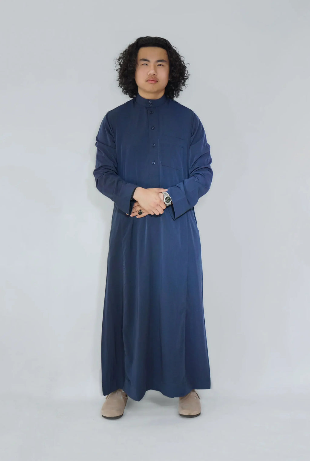 Plain Classic Saudi Thobe With Collar Navy - almanaar Islamic Store