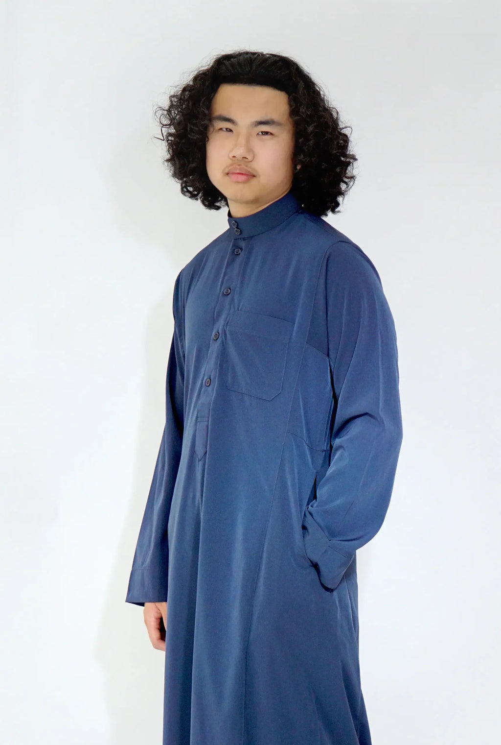 Plain Classic Saudi Thobe With Collar Navy - almanaar Islamic Store