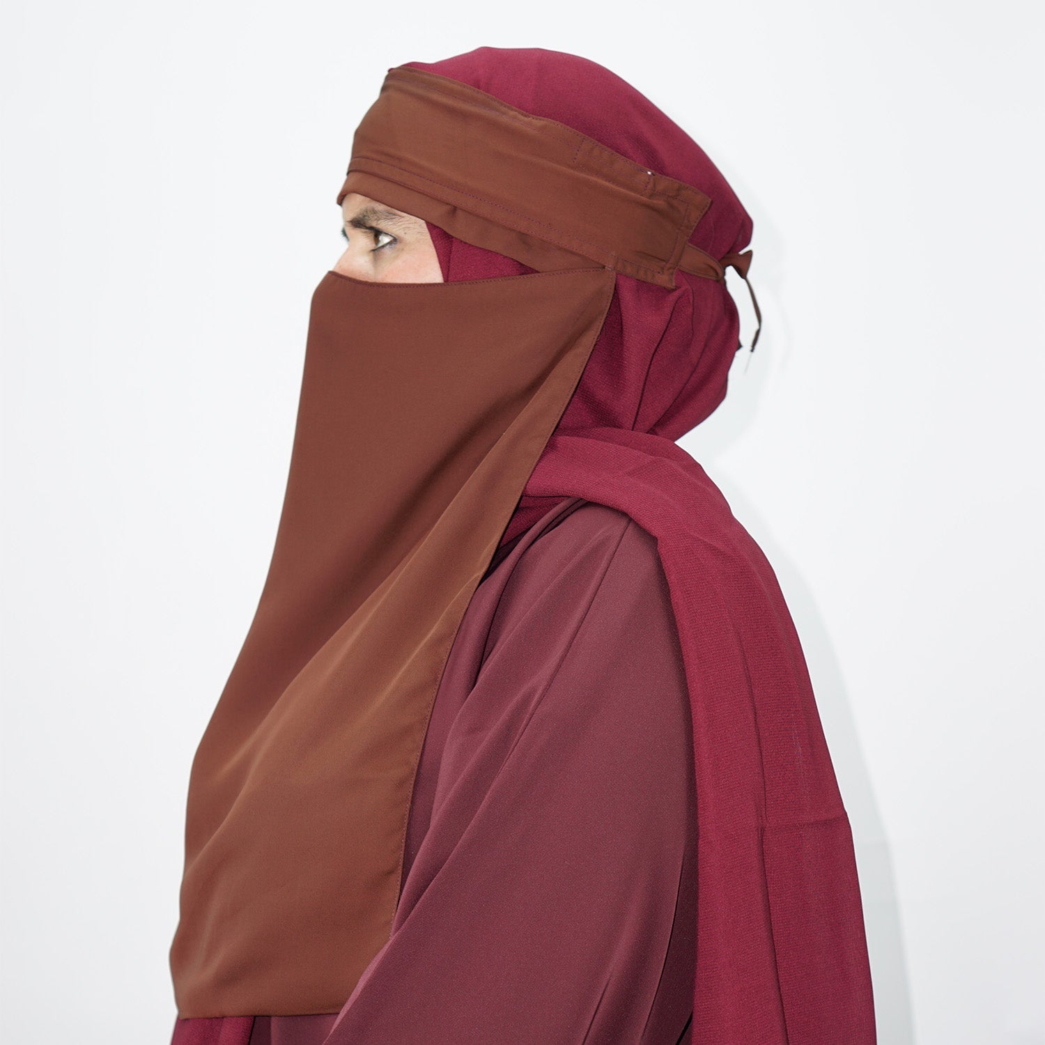 1 Layer Tie Back Niqab Brown Bordered-almanaar Islamic Store