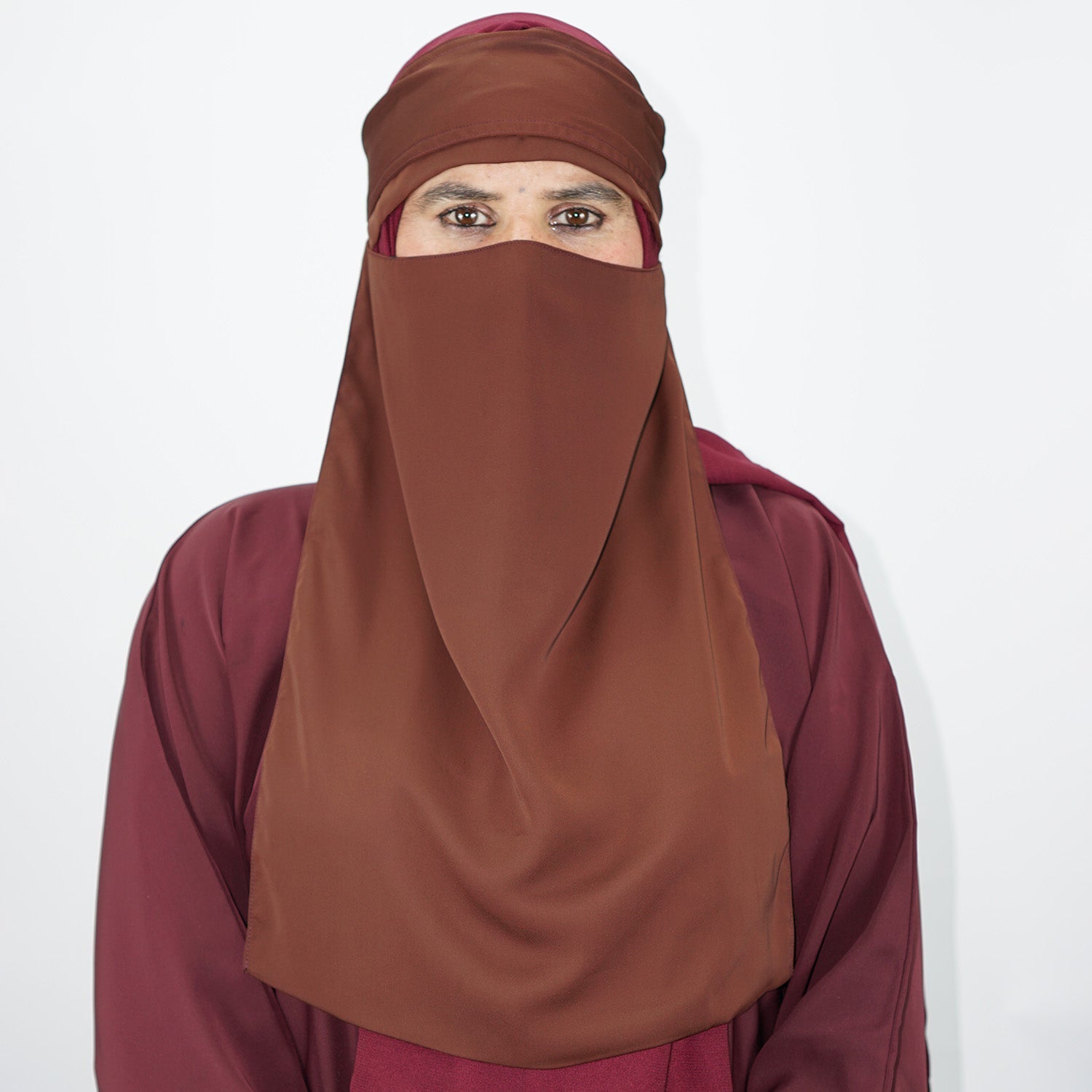 1 Layer Tie Back Niqab Brown Bordered-almanaar Islamic Store