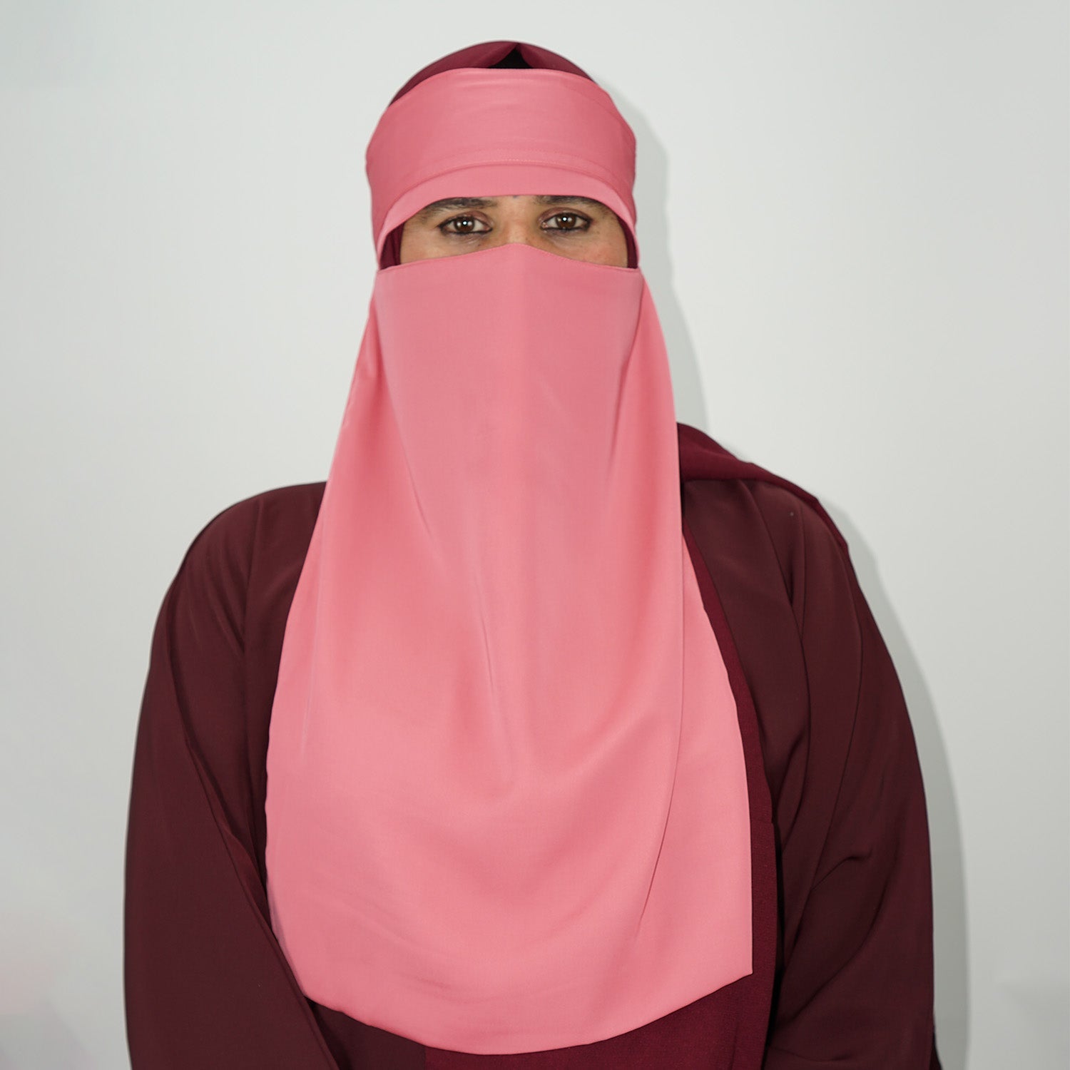 1 Layer Tie Back Niqab Pink Bordered-almanaar Islamic Store