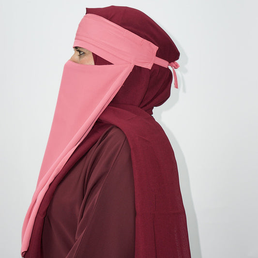 1 Layer Tie Back Niqab Pink Bordered-almanaar Islamic Store