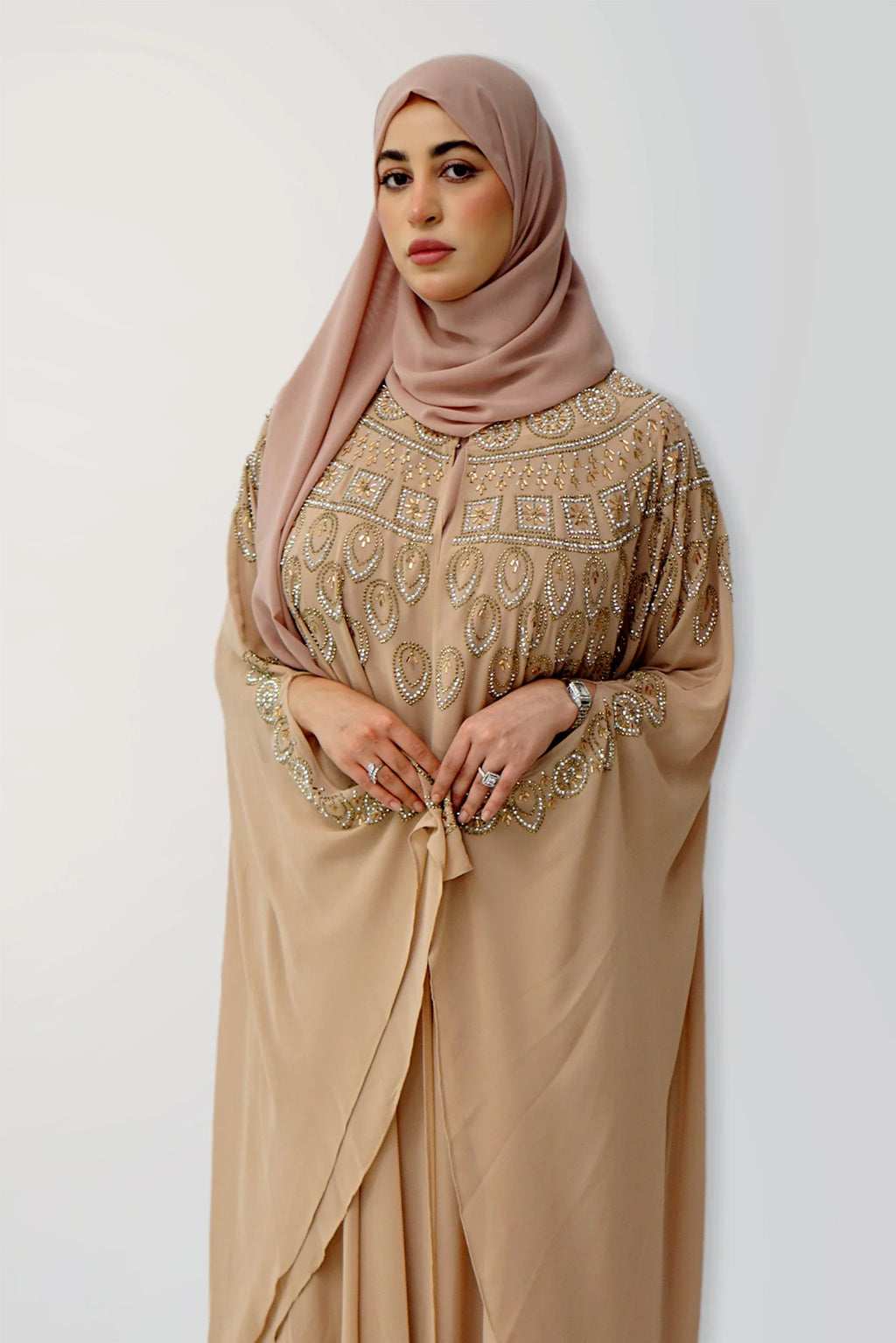 Luxury Embellished Nude Kaftan – Crystal Handwork Design - almanaar Islamic Store