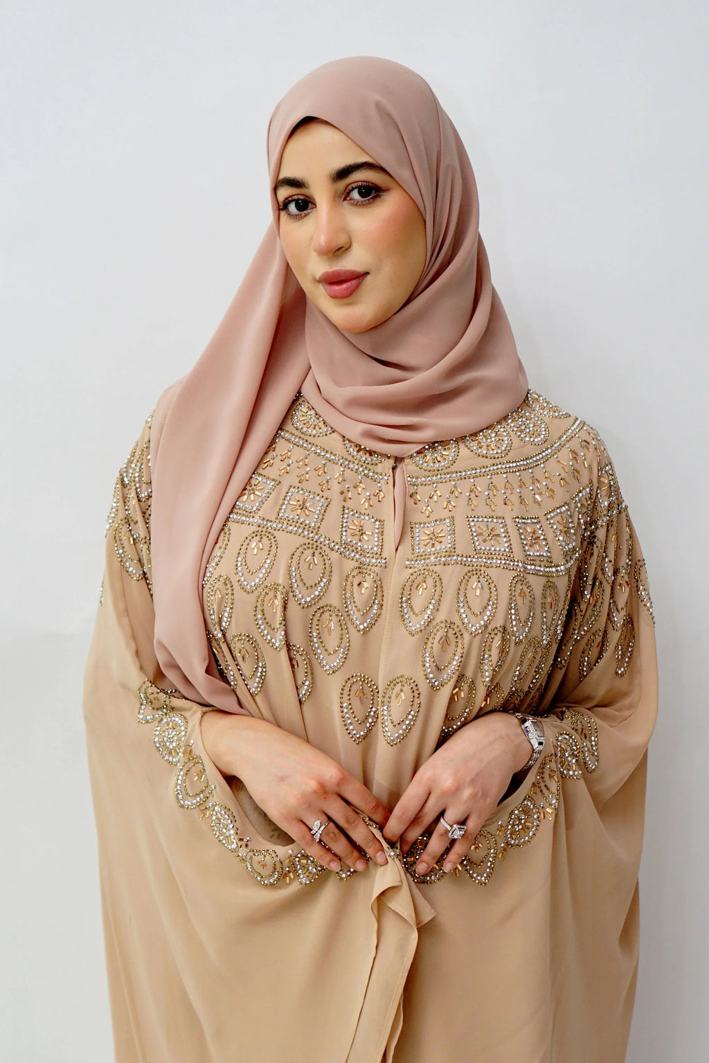 Luxury Embellished Nude Kaftan – Crystal Handwork Design - almanaar Islamic Store