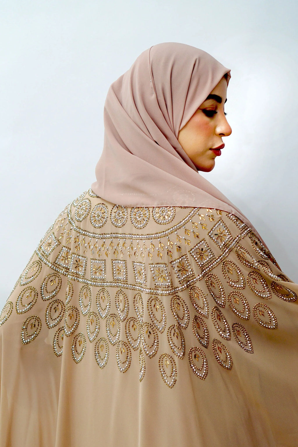 Luxury Embellished Nude Kaftan – Crystal Handwork Design - almanaar Islamic Store