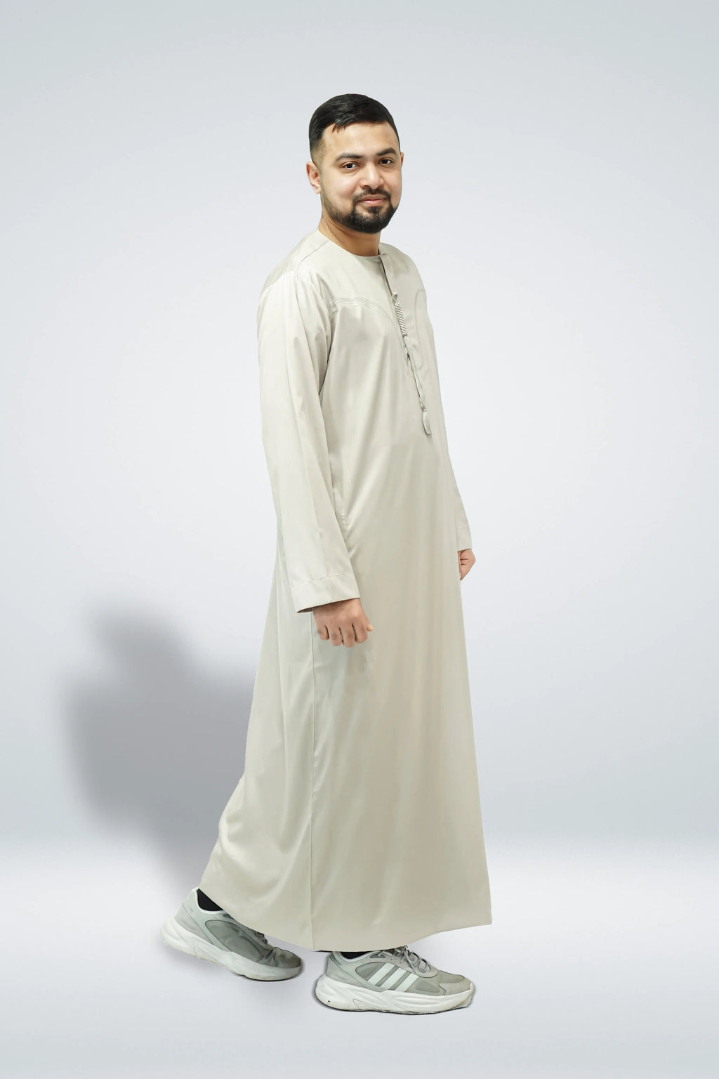 Emirati Shiny Thobe with Tassel Beige - almanaar Islamic Store