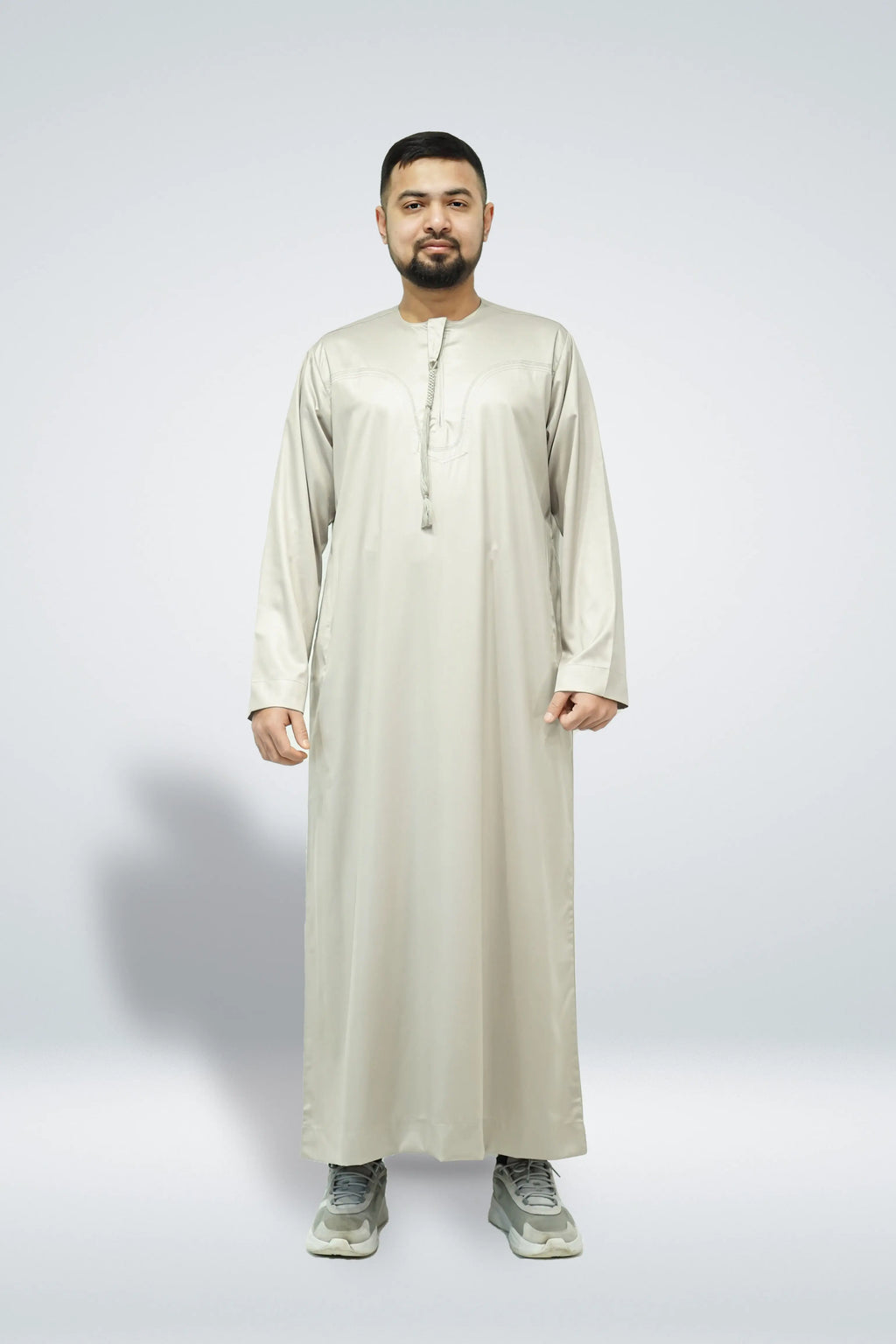 Emirati Shiny Thobe with Tassel Beige - almanaar Islamic Store