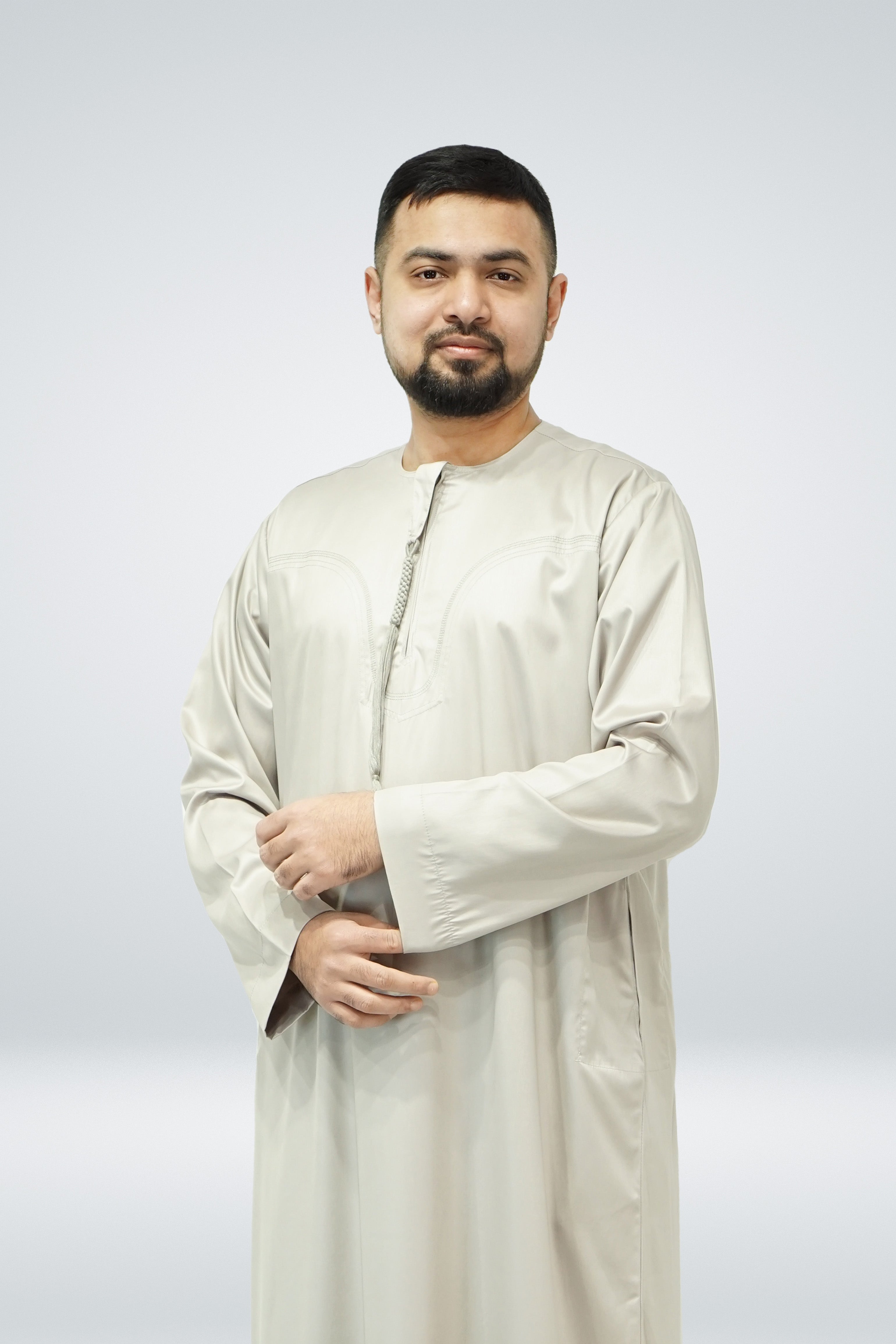 Emirati Shiny Thobe with Tassel Beige - almanaar Islamic Store