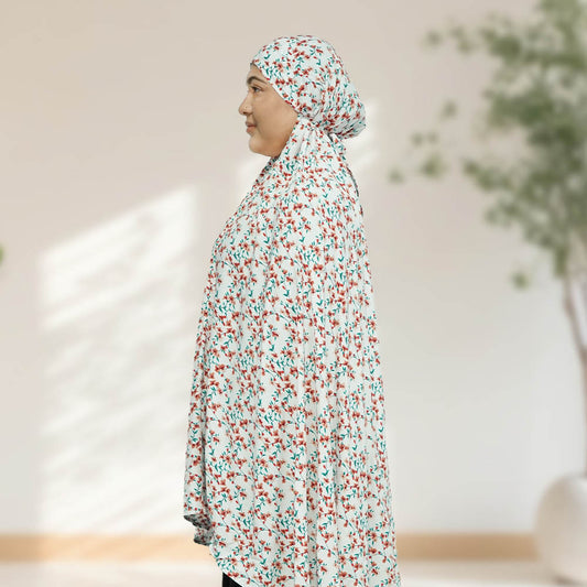 100% Cotton Floral Print Prayer Hijab White