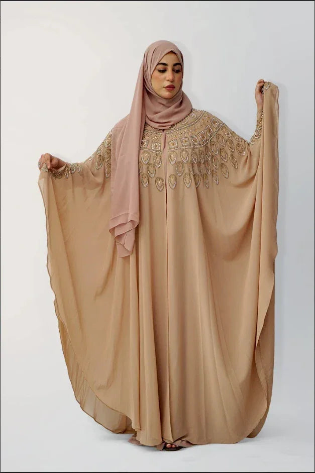 Luxury Embellished Nude Kaftan – Crystal Handwork Design - almanaar Islamic Store