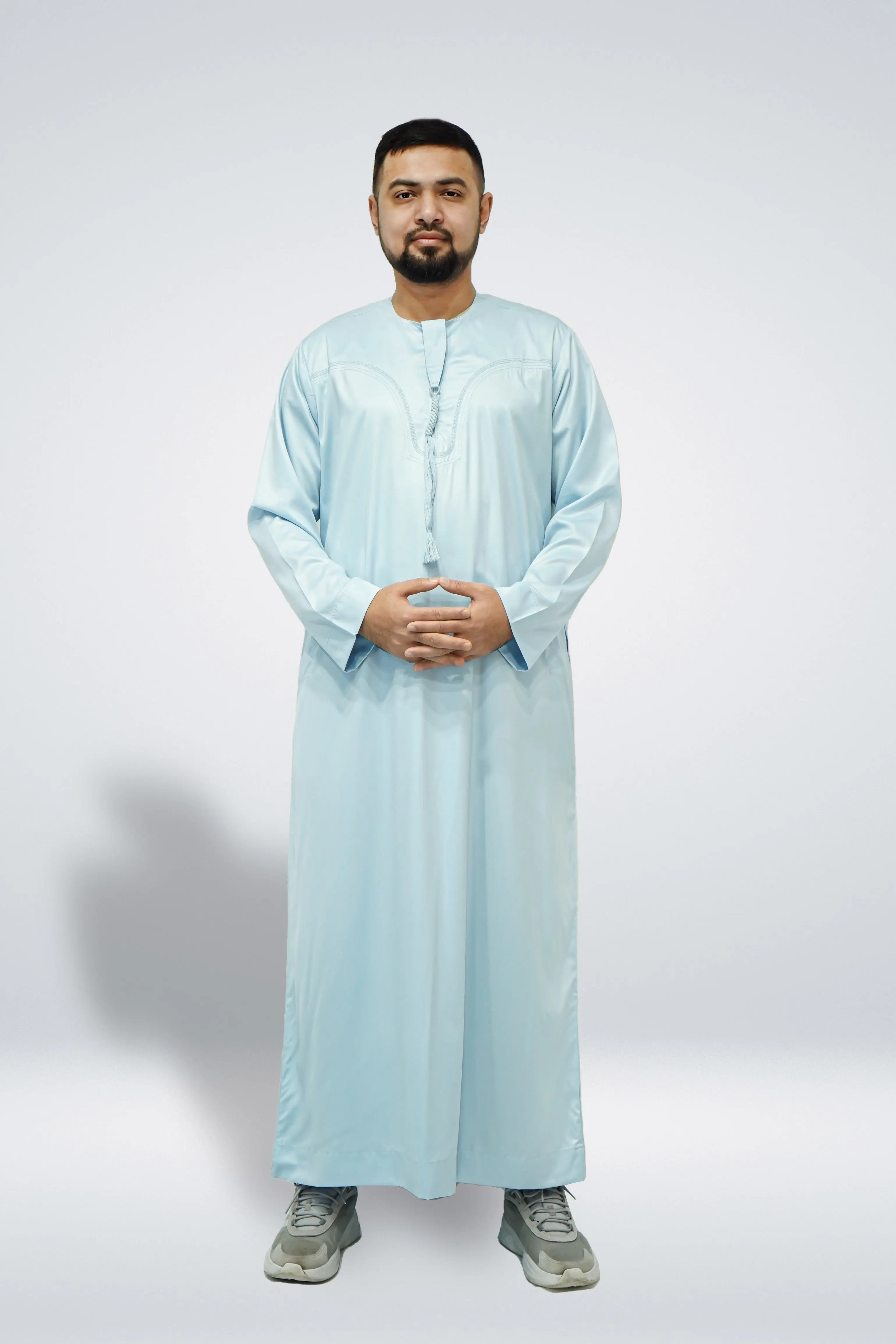 Emirati Shiny Thobe with Tassel Sky Blue - almanaar Islamic Store