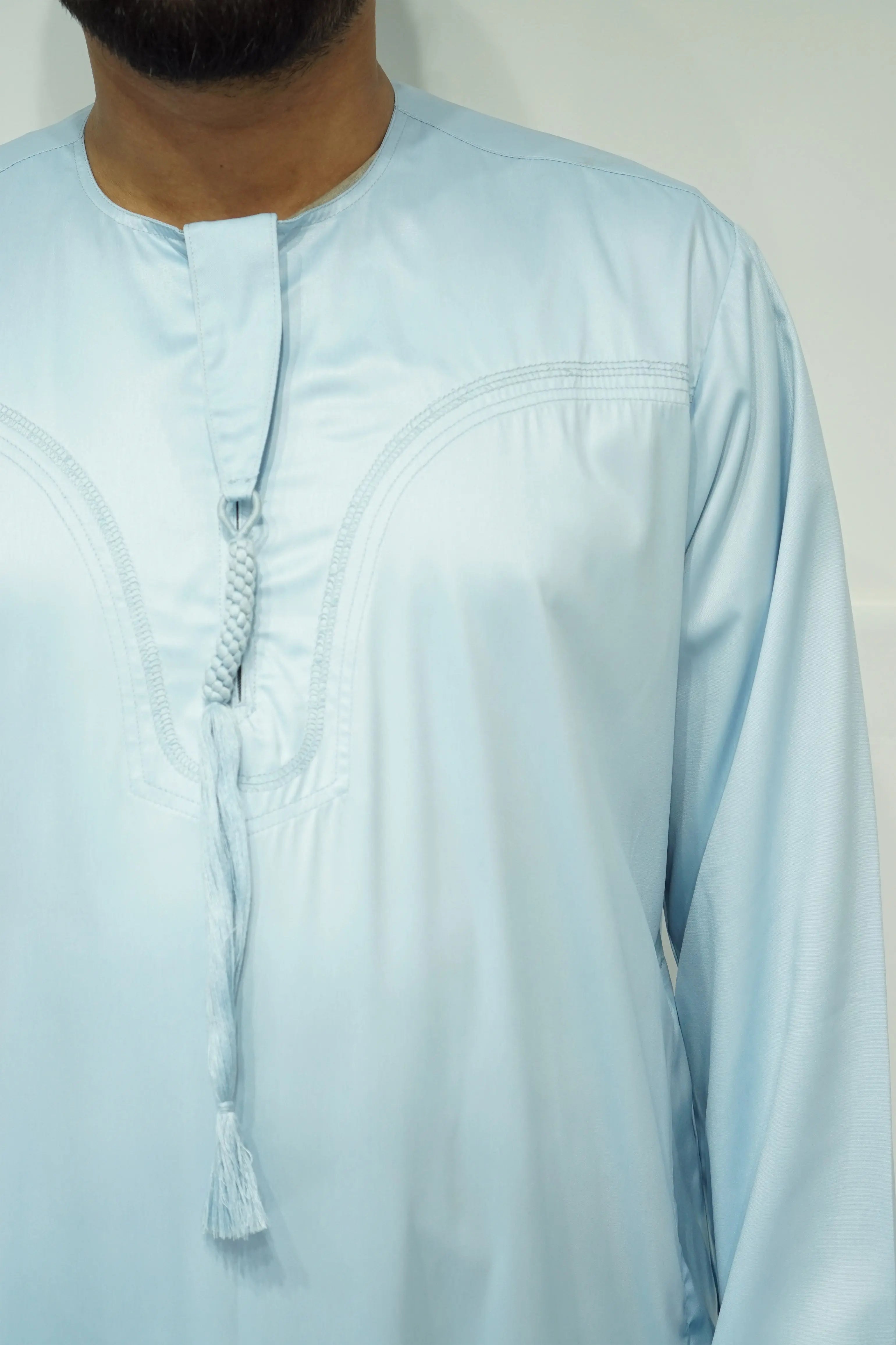 Emirati Shiny Thobe with Tassel Sky Blue - almanaar Islamic Store