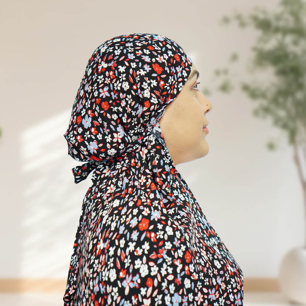 100% Cotton Floral Print Prayer Hijab Black - almanaar Islamic Store