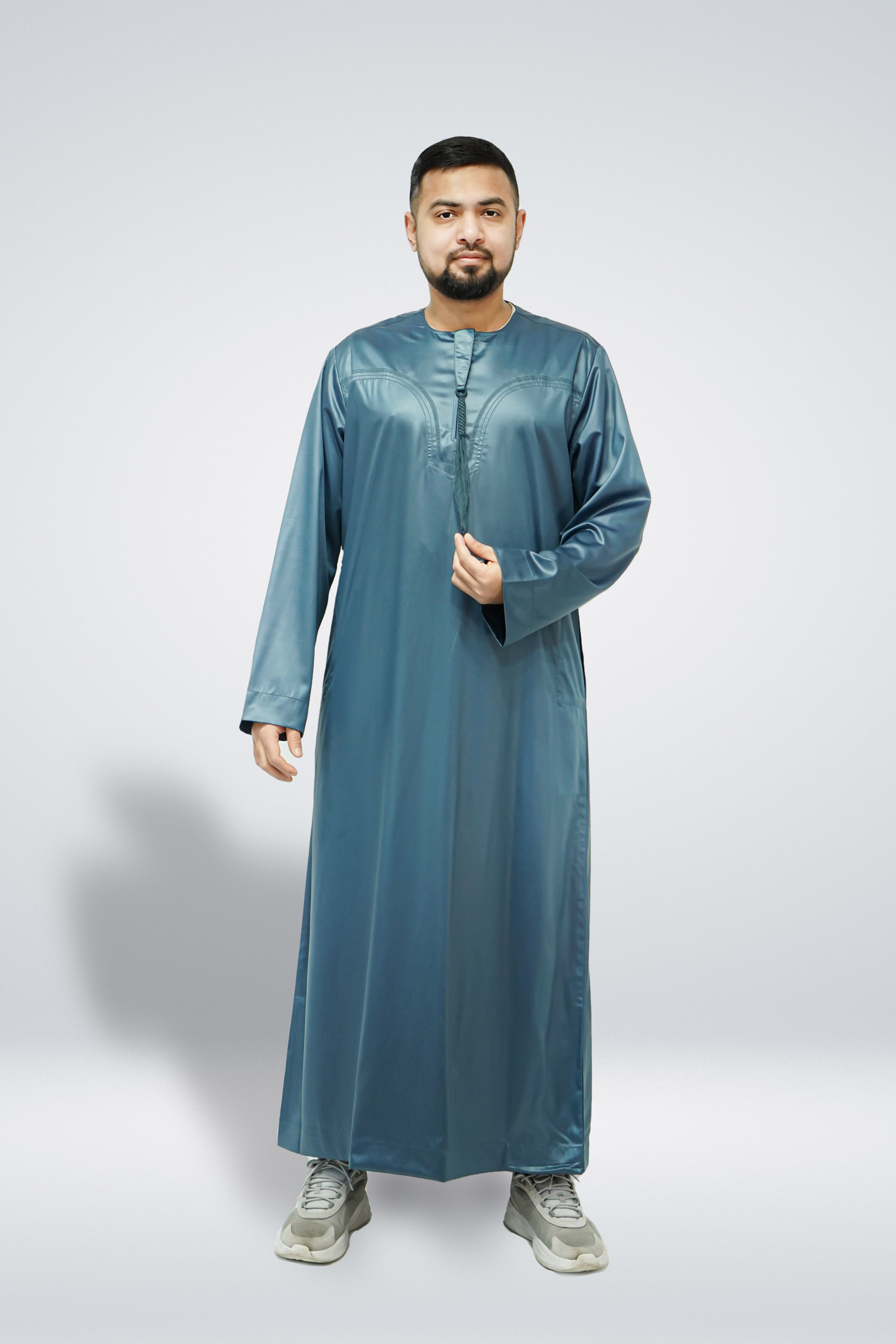 Emirati Shiny Thobe with Tassel Teal - almanaar Islamic Store