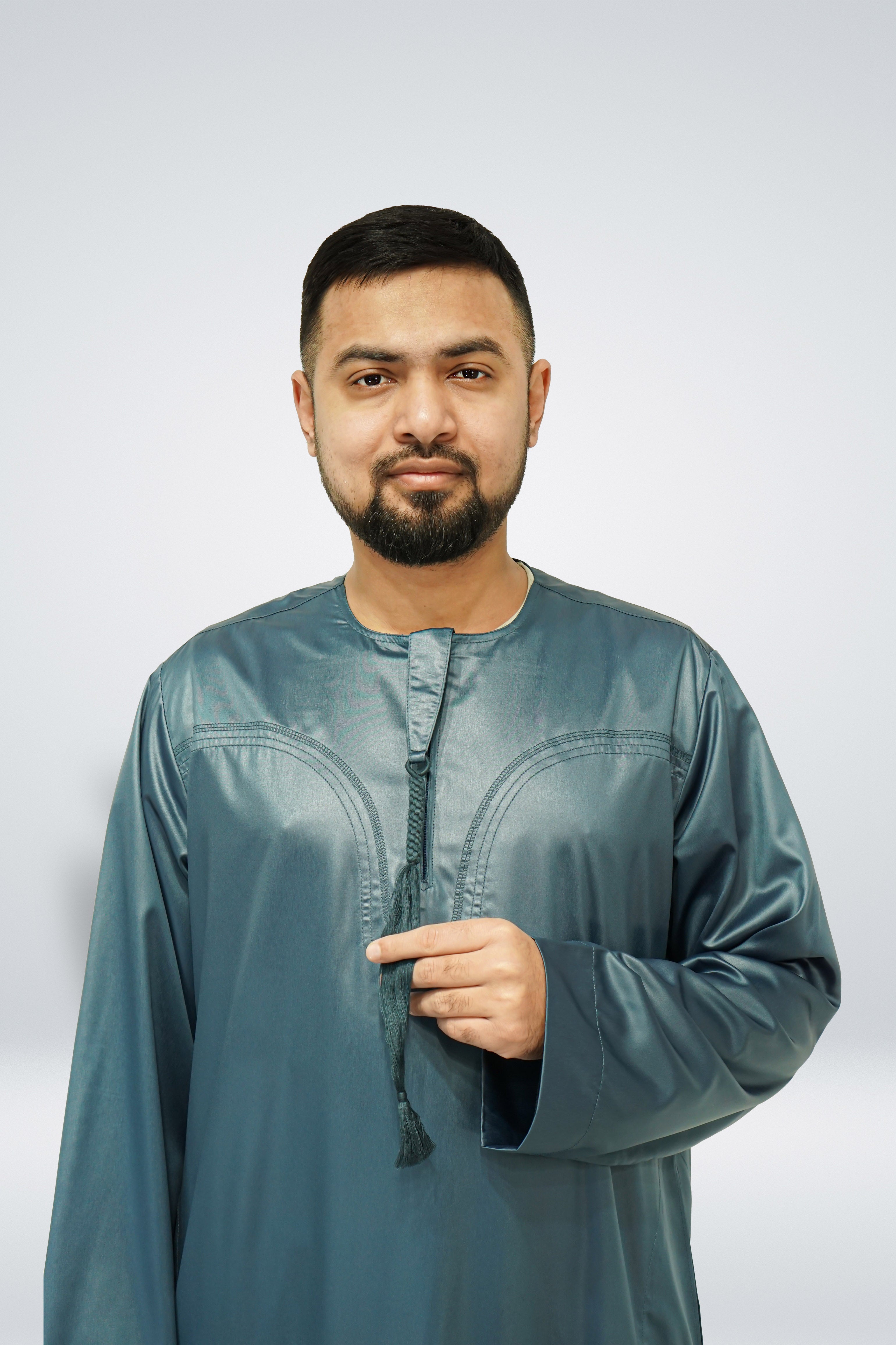 Emirati Shiny Thobe with Tassel Teal - almanaar Islamic Store