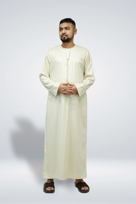 Emirati Shiny Thobe with Tassel Cream - almanaar Islamic Store