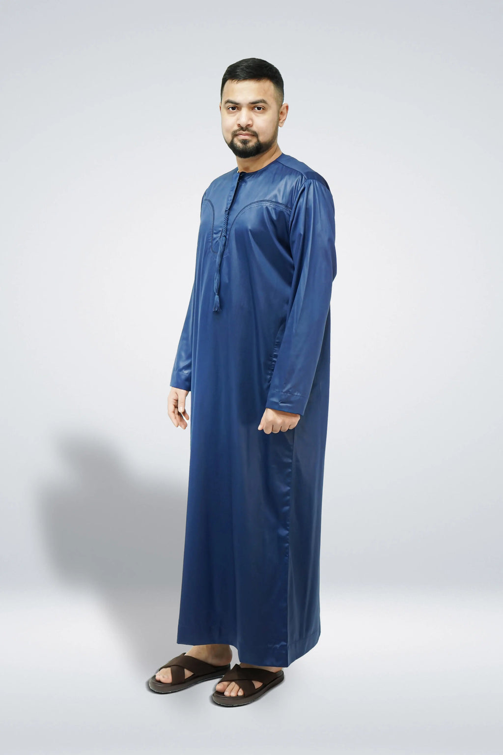 Emirati Shiny Thobe with Tassel Navy - almanaar Islamic Store