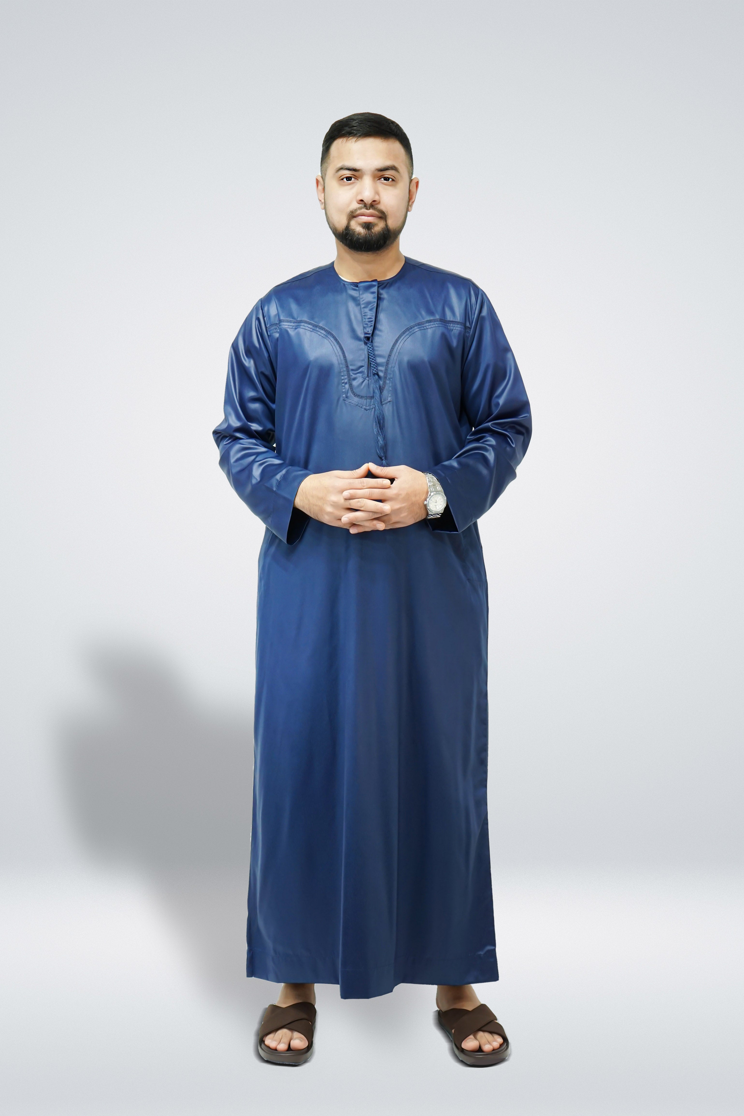 Emirati Shiny Thobe with Tassel Navy - almanaar Islamic Store