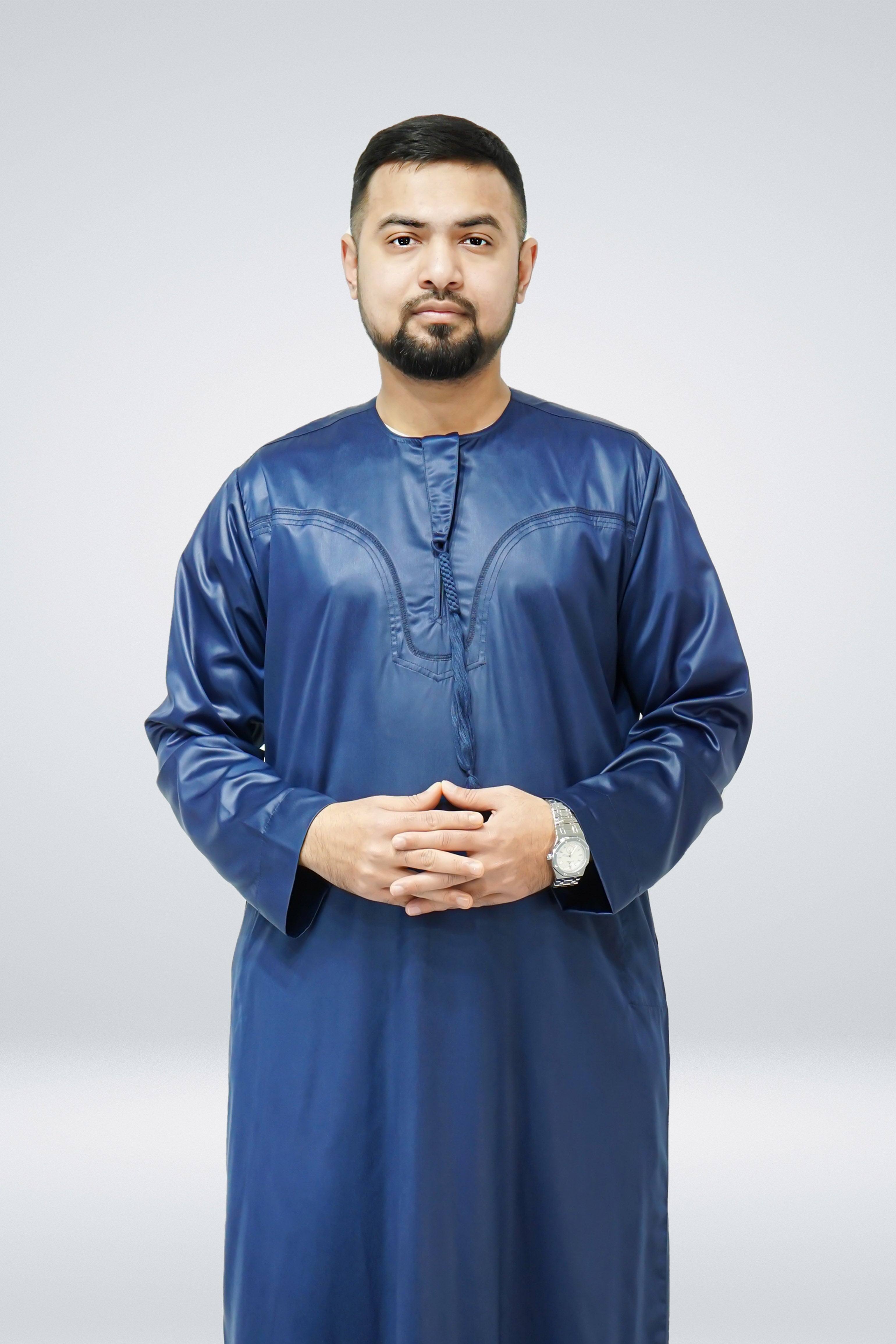 Emirati Shiny Thobe with Tassel Navy - almanaar Islamic Store