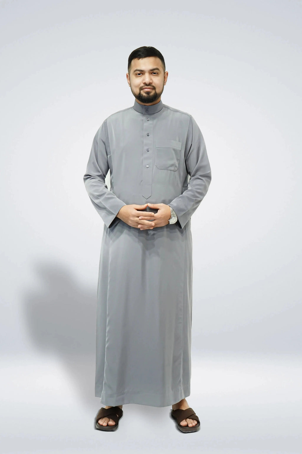 Plain Classic Saudi Thobe With Collar Grey almanaar Islamic Store