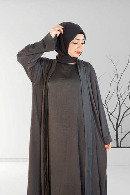 Dark Grey 3 Pcs Open Luxury Abaya | Almanaar Islamic Store