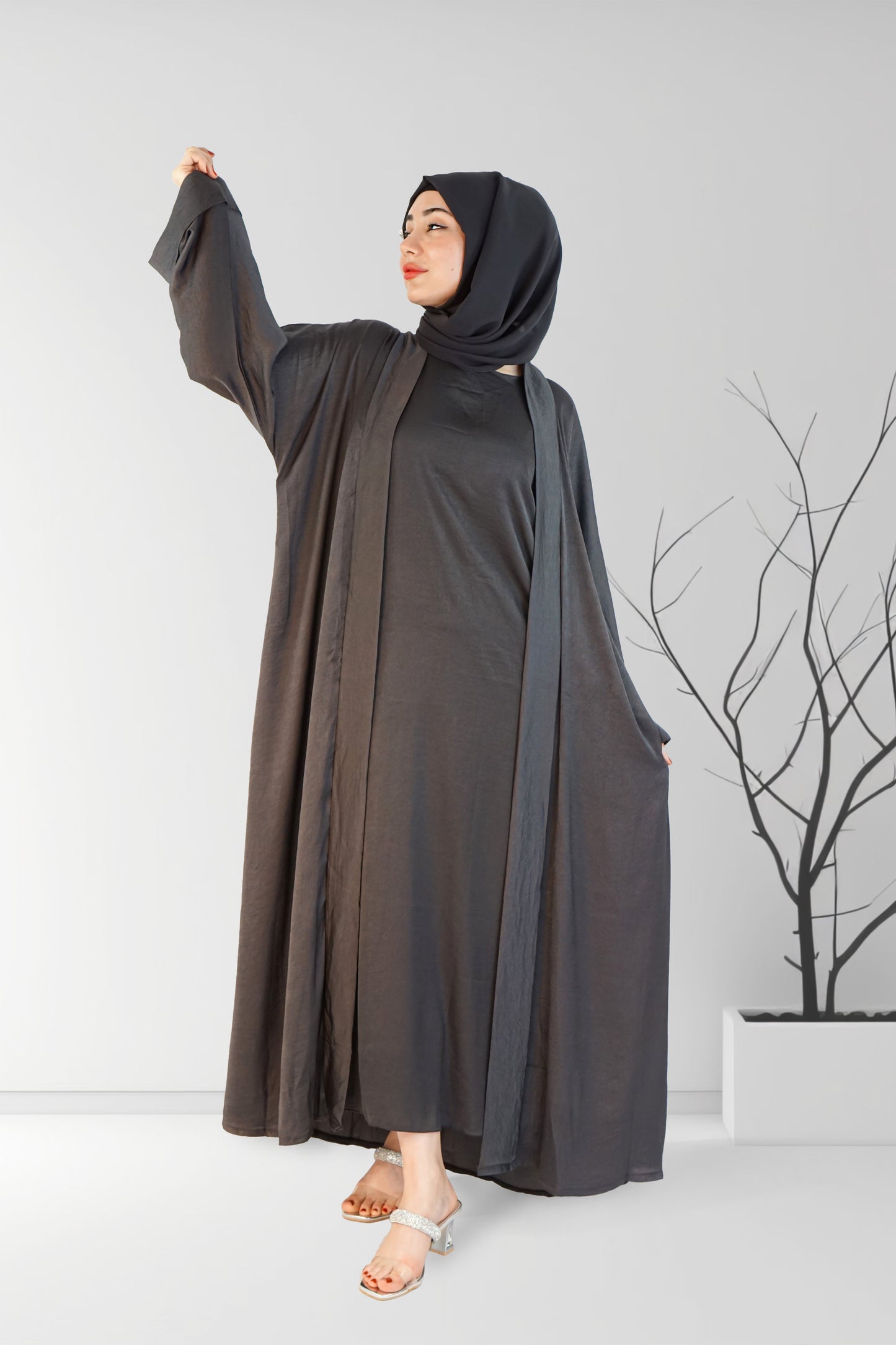 Dark Grey 3 Pcs Open Luxury Abaya | Almanaar Islamic Store