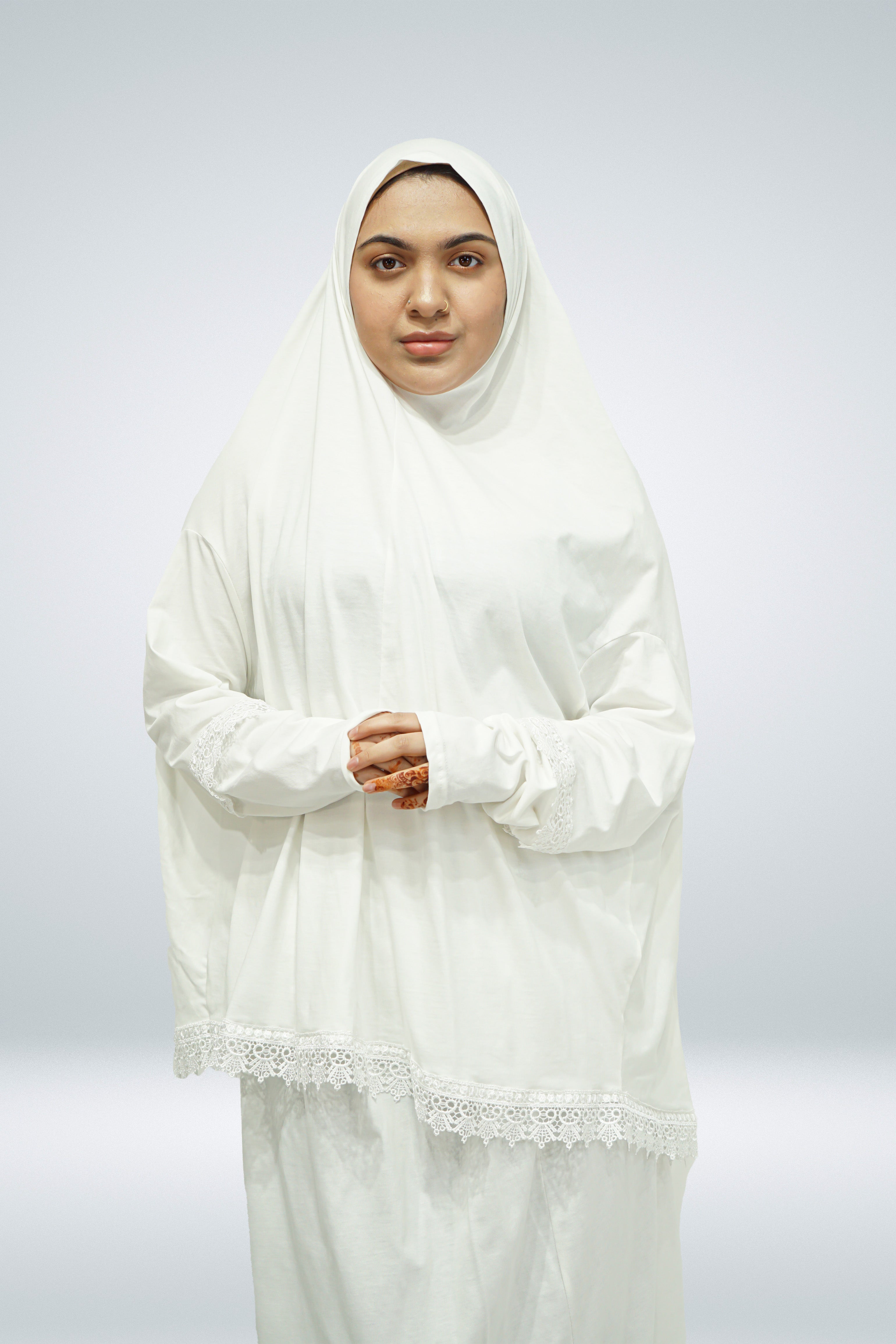 Two-Piece Prayer Cloth Set with Lace White - almanaar Islamic Store