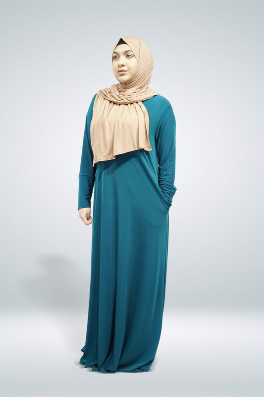 Teal Plain Jersey Abaya With Pocket