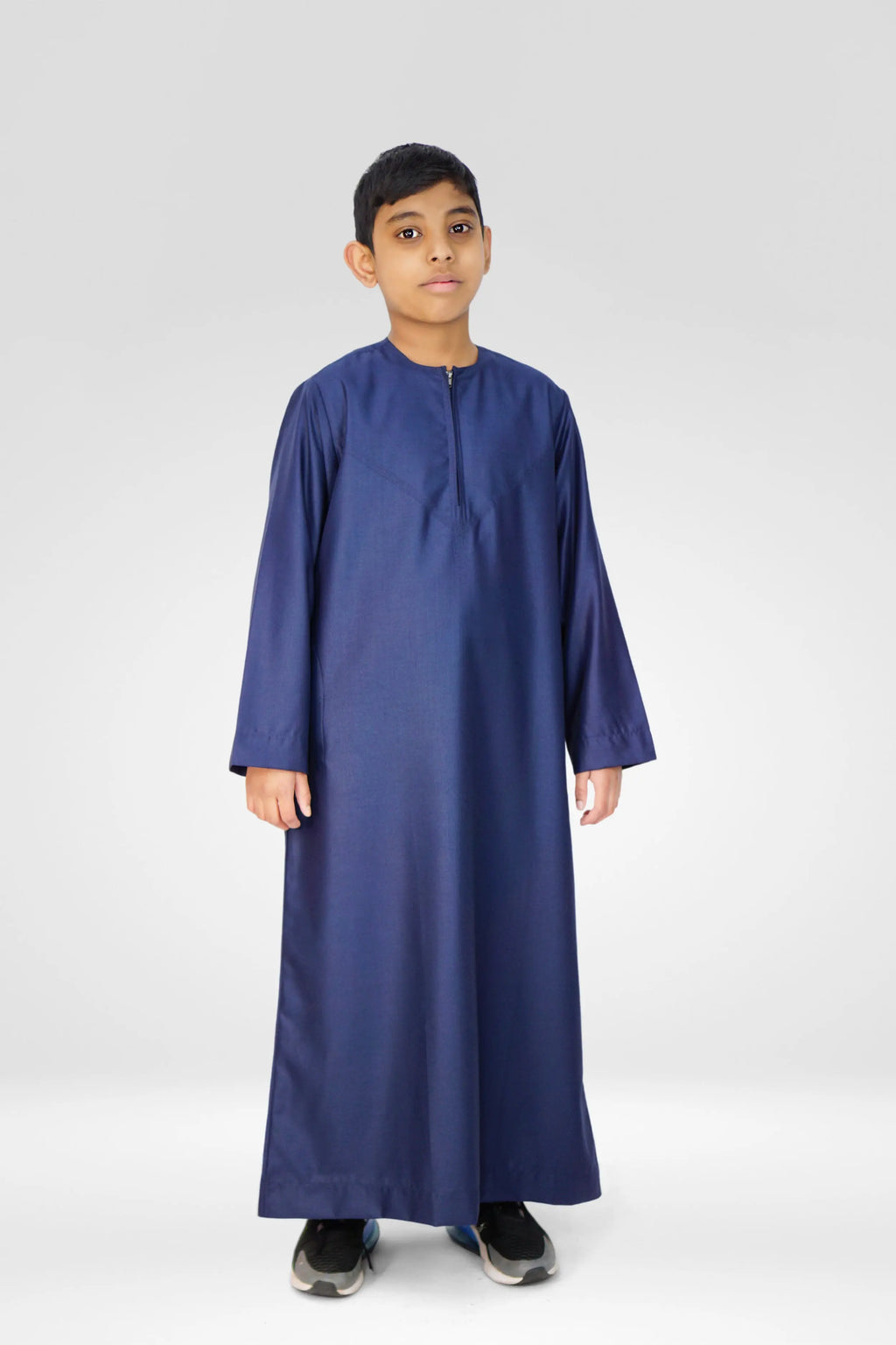 Omani Style Collarless Kids’ Thobe with Zip – Navy - almanaar Islamic Store