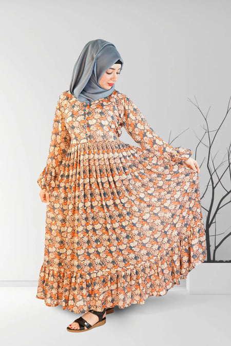 Floral Printed Long Pleated Dress | Almanaar Islamic Store