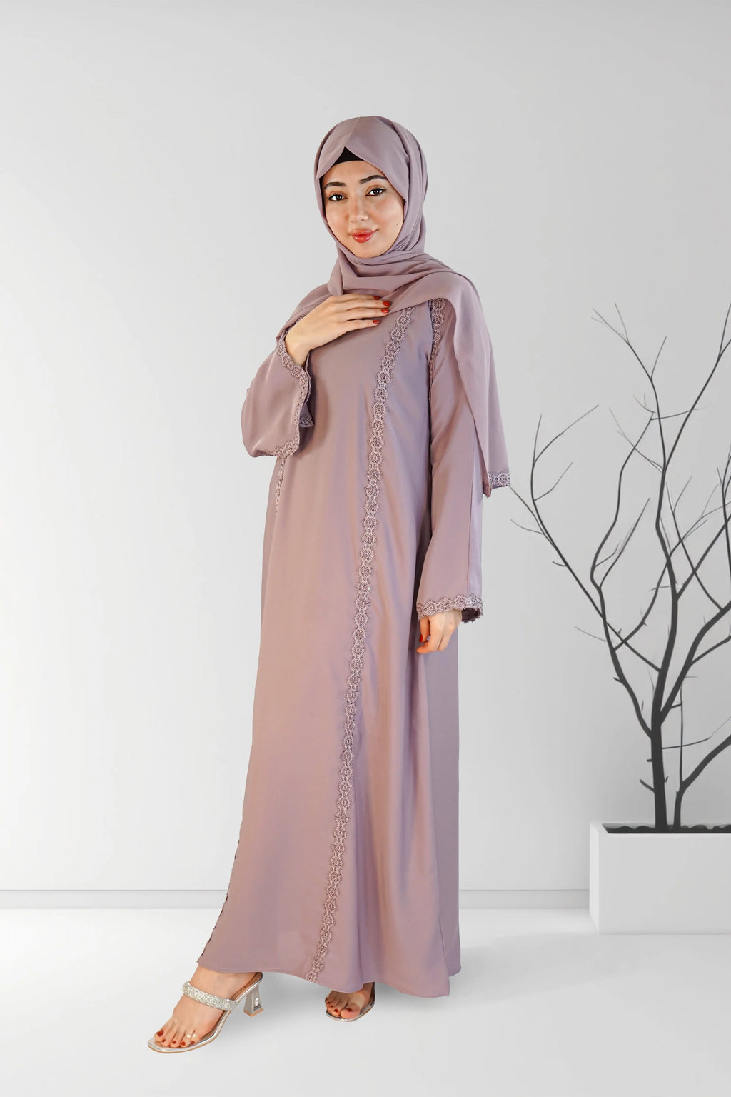 Flower Lace One Button Luxury Abaya Lilac | Almanaar Islamic Store