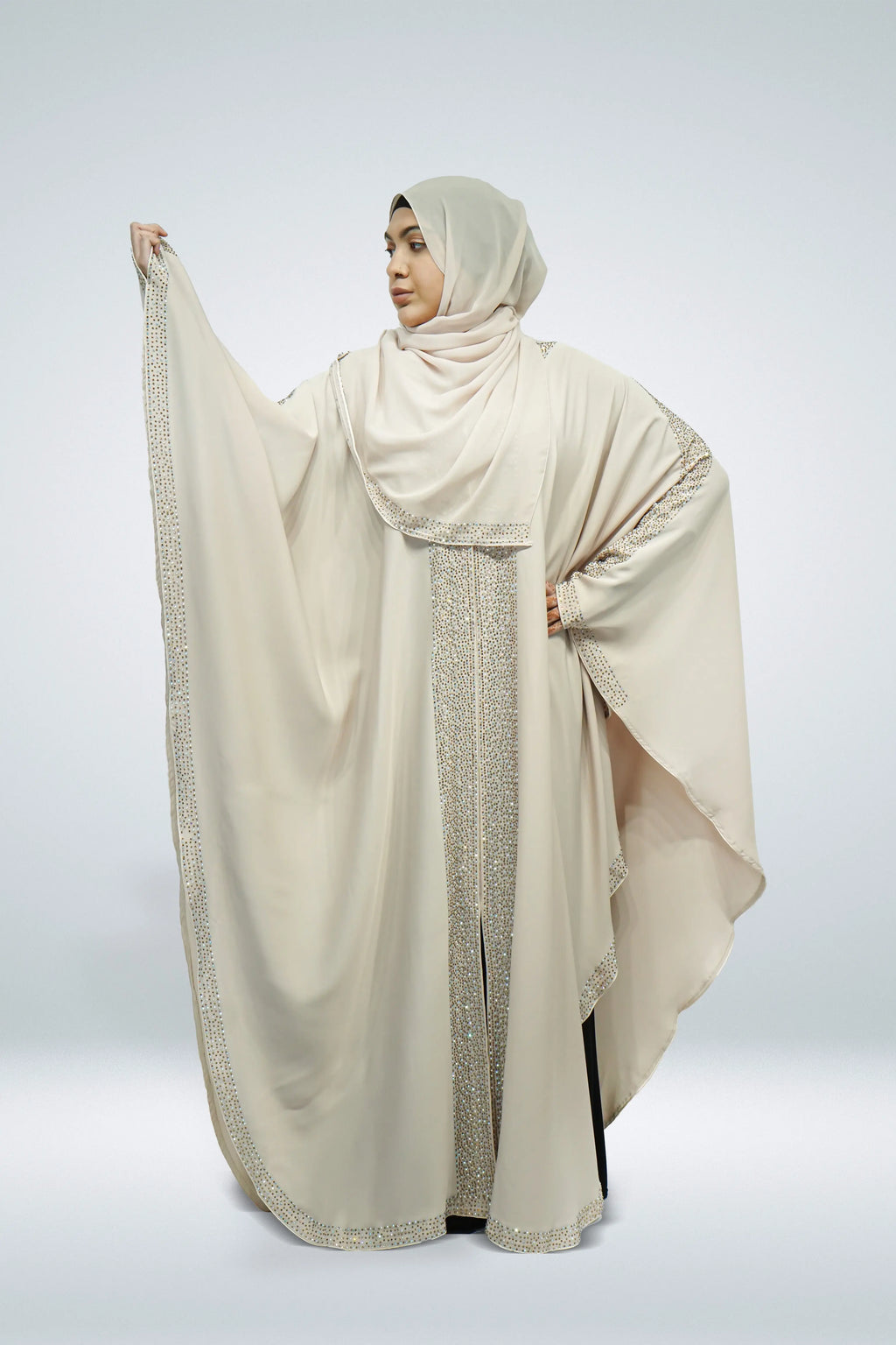 Beige Open Farasha with Heavy Stone Work Border - almanaar Islamic Store