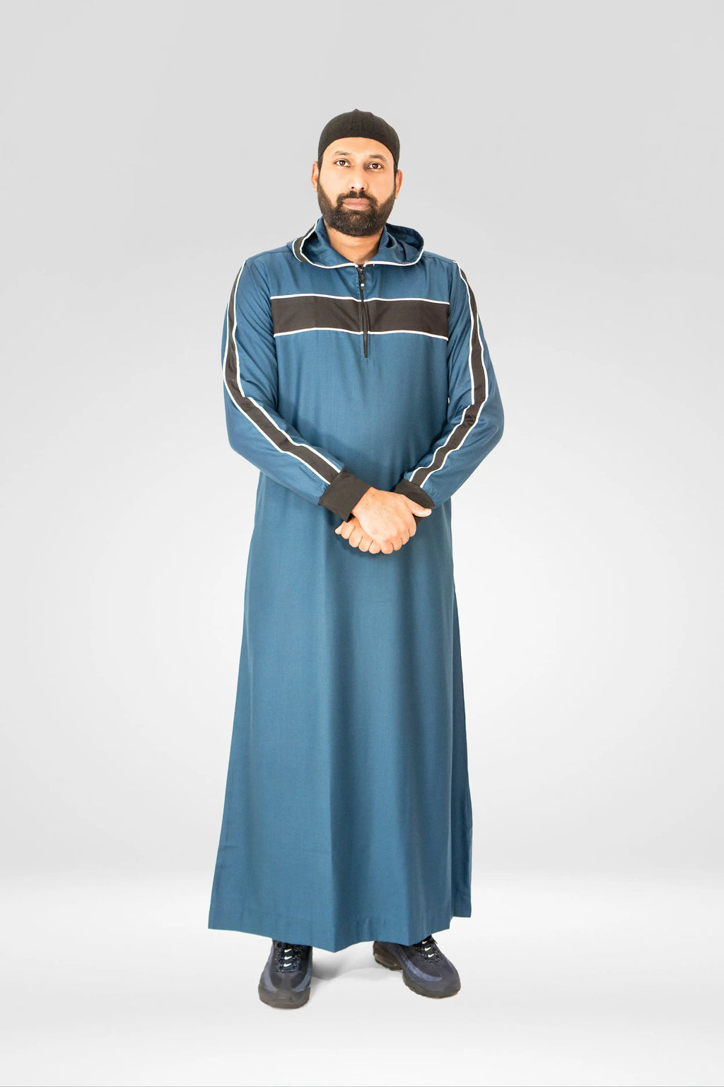 Sporty Hooded Thobe – Teal & Black Striped Design almanaar Islamic Store