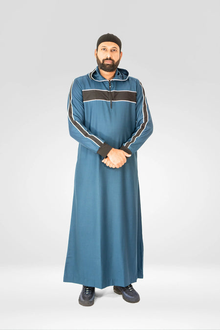 Sporty Hooded Thobe – Teal & Black Striped Design almanaar Islamic Store