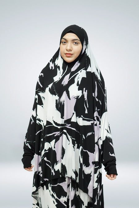 Two Piece Jersey Material Printed Prayer Dress Black - almanaar Islamic Store