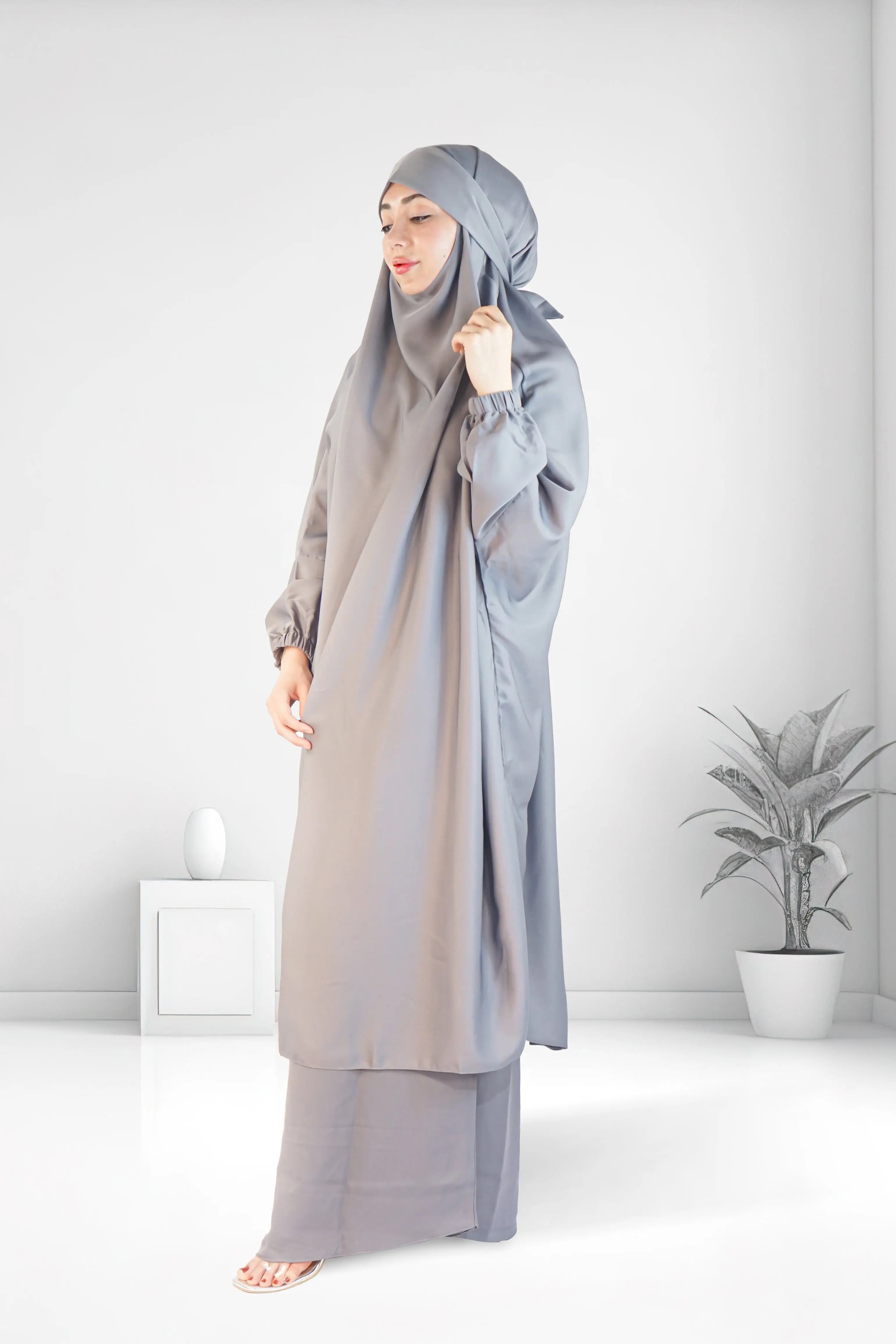 Premium Two Piece Jilbab Set Light Grey almanaar Islamic Store