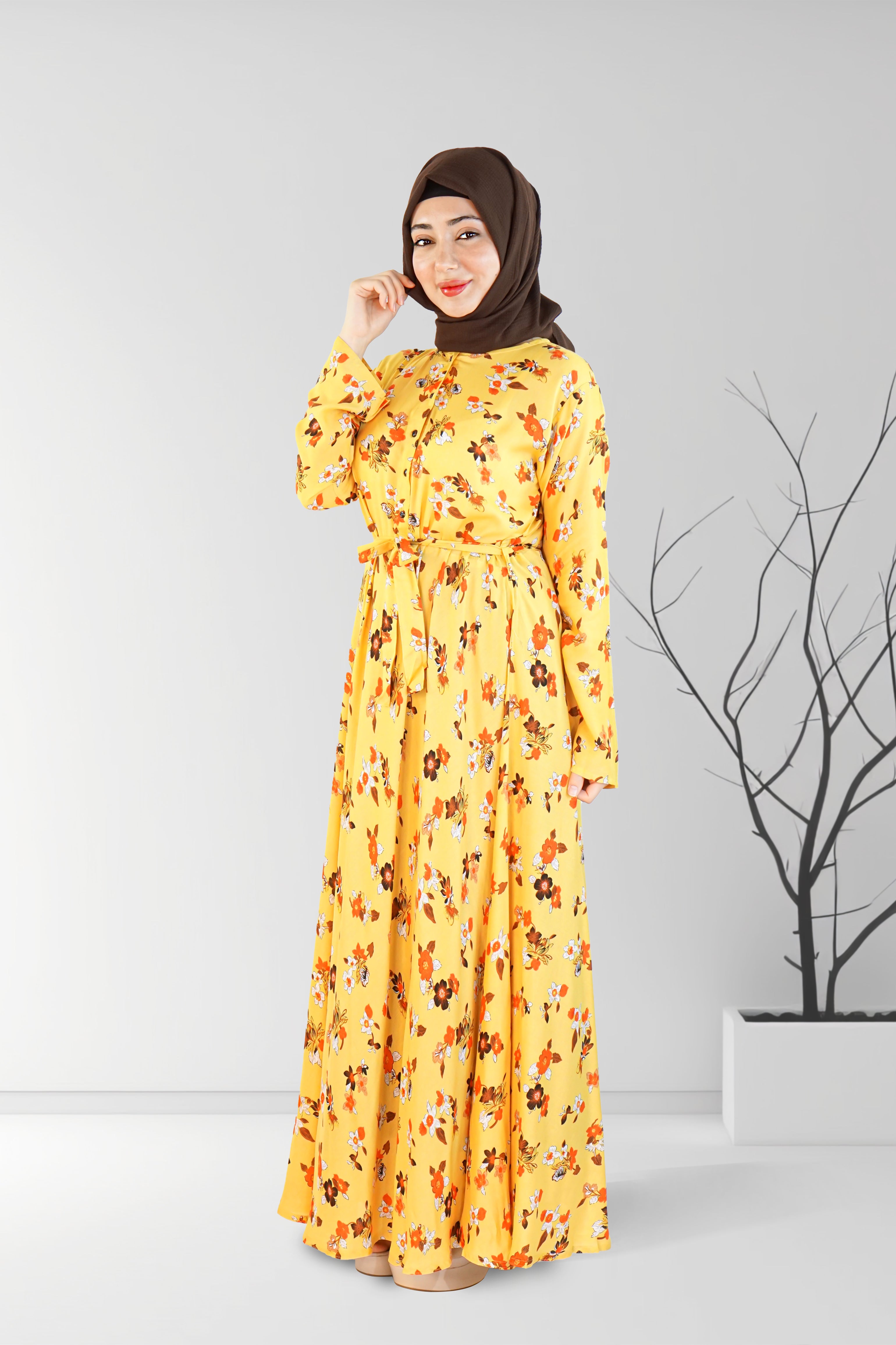 Floral Printed Long Dress with Belt Yellow | Almanaar Islamic Store