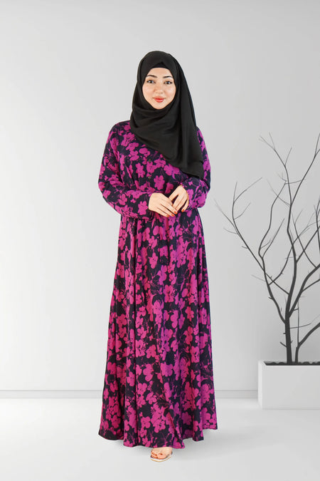 Printed Floral Long Dress Purple and Black | Almanaar Islamic Store