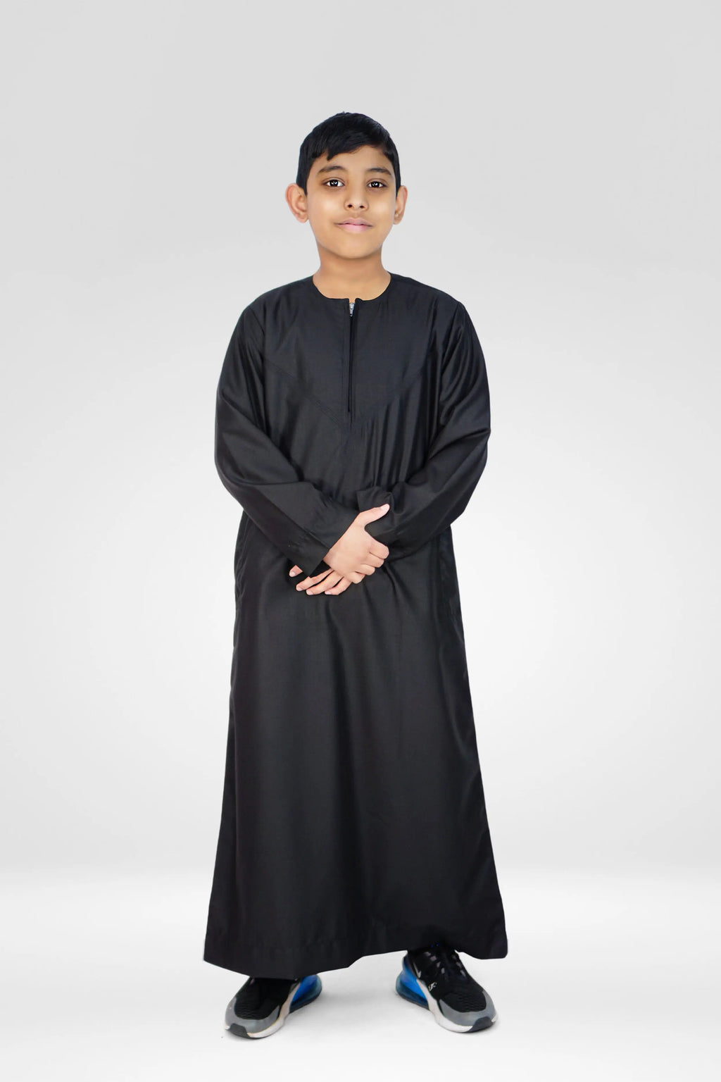 Omani Style Collarless Kids Thobe with Zip- Black almanaar