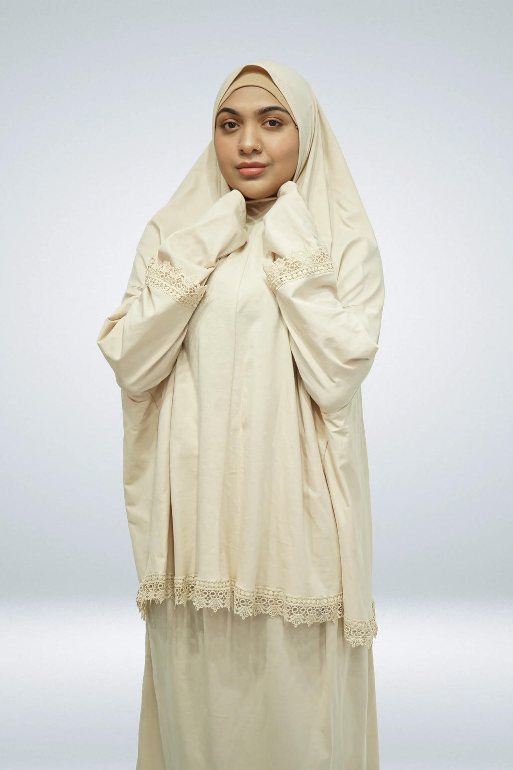 Two-Piece Prayer Cloth Set with Lace Beige - almanaar Islamic Store