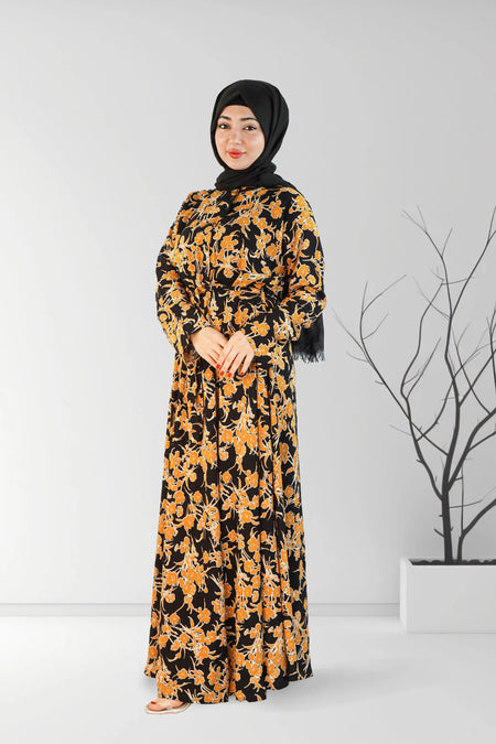 Printed Floral Long Dress Black and Mustard | Almanaar Islamic Store