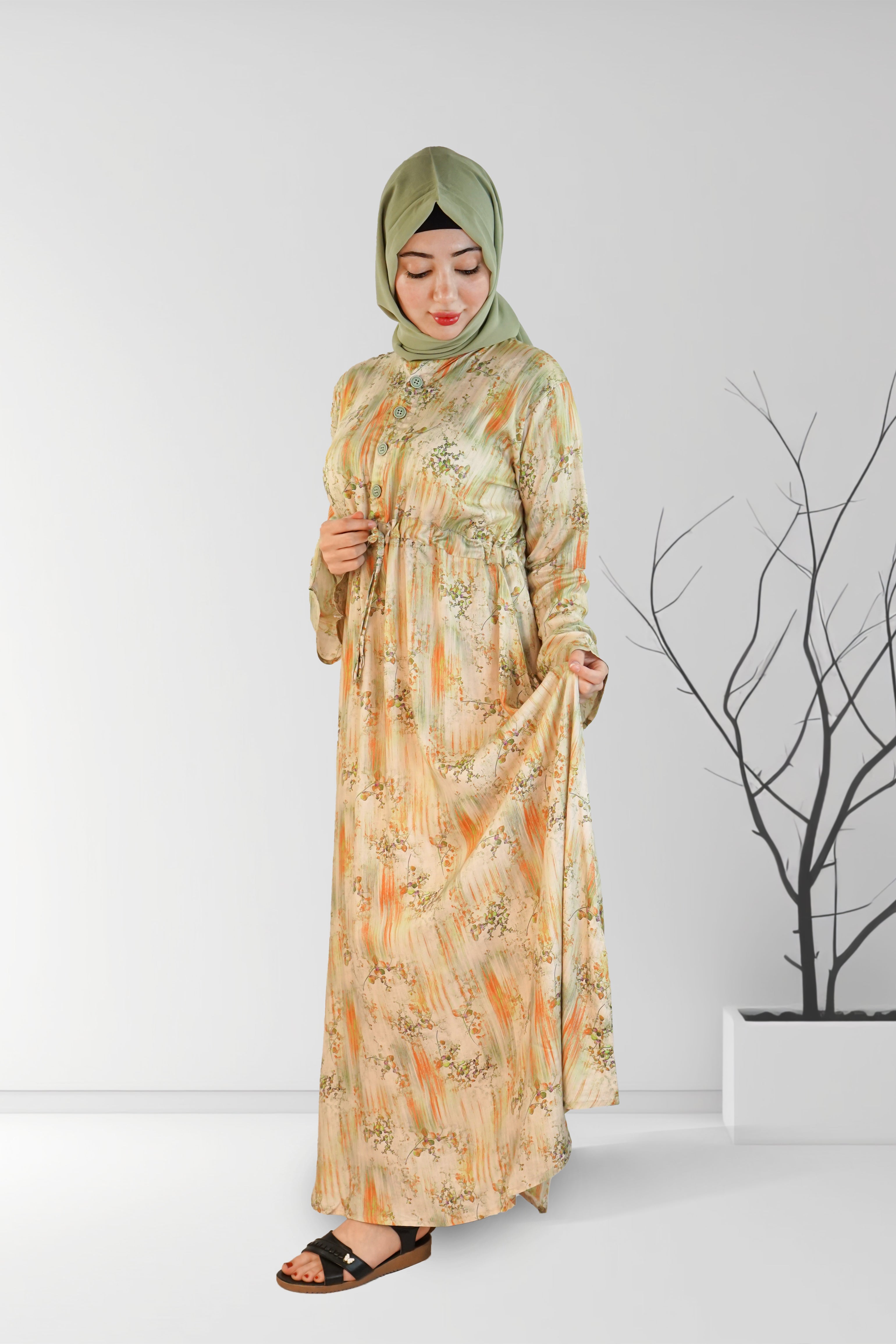 Floral Printed Long Dress with belt | Almanaar Islamic Store