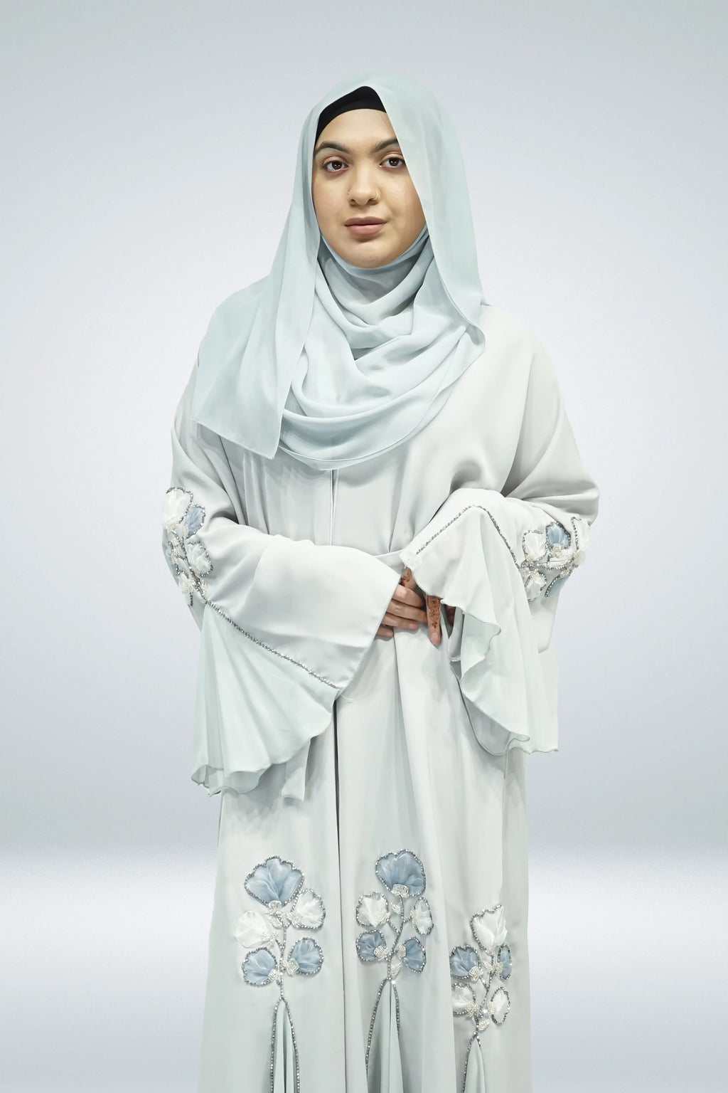 Light Blue Open Abaya with Flower Bead Embellishments - almanaar Islamic Store