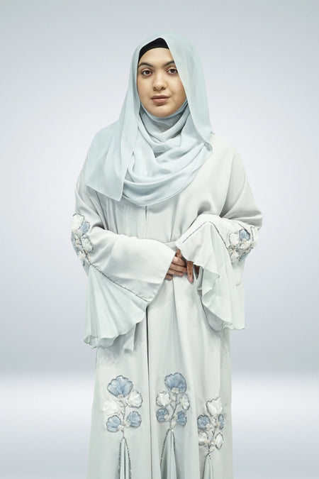 Light Blue Open Abaya with Flower Bead Embellishments - almanaar Islamic Store