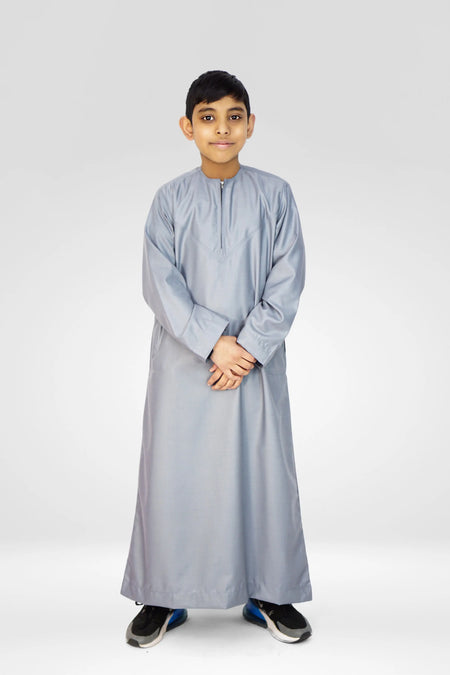 Omani Style Collarless Kids’ Thobe with Zip – Grey - almanaar Islamic Store