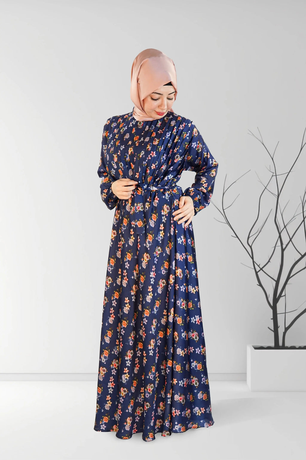 Satin Floral Printed Long Dress with Belt Navy | Almanaar Islamic Store